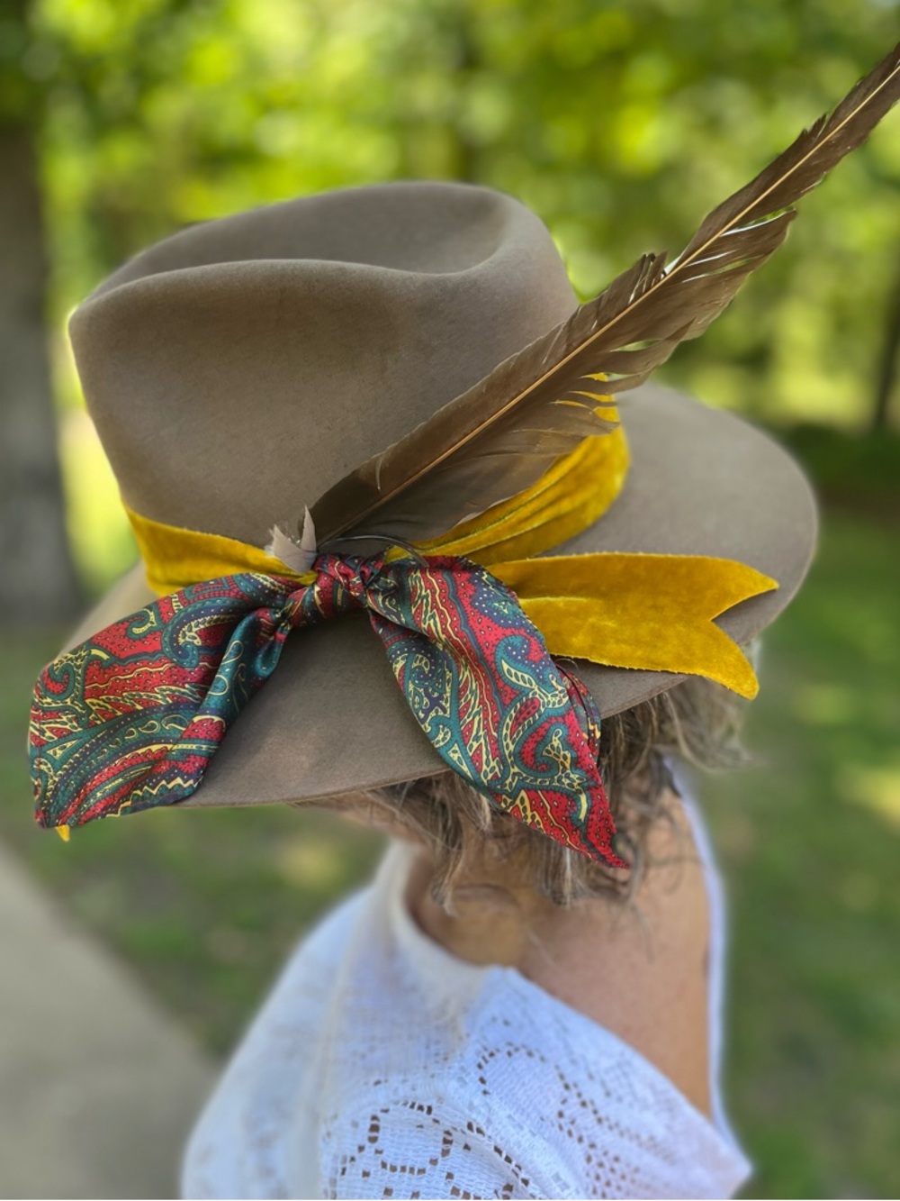 Vintage Custom Taupe Miller 5x Cowboy Hat Velvet Band, Paisley Bow and Feather